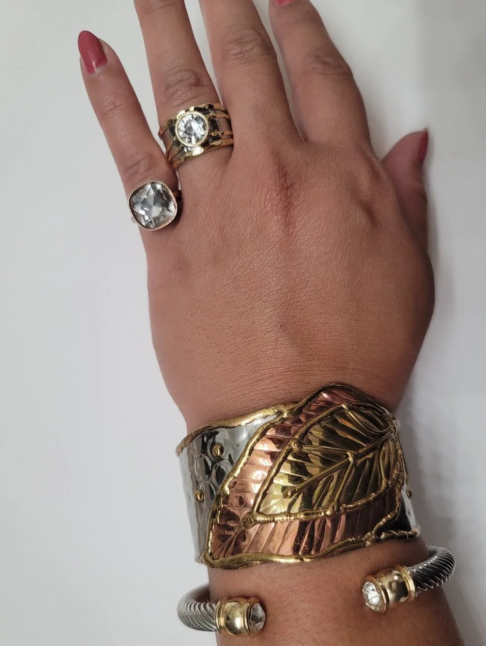 Artisan Leaf Motif Mixed Metal Cuff Bracelet - Gold Silver & Copper Tones - Adj